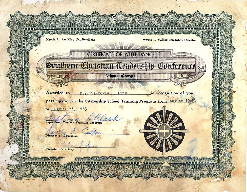 Certificate of Attendance, Victoria Gray, August 1963